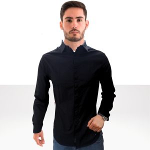 Camisa con Franja Cubre Botones Negra