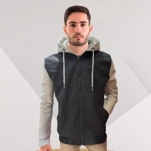 Chompa de Cuero con Franela Gris Claro